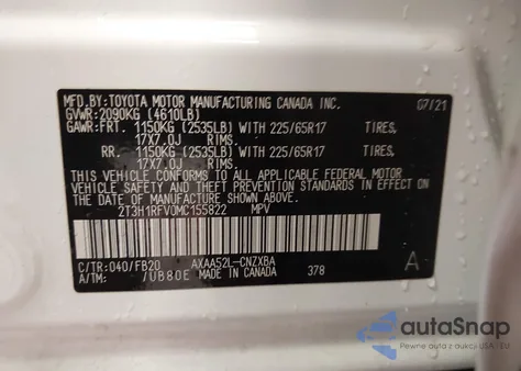 2021 Toyota Rav4 Le z USA, uszkodzony, nr VIN 2T3H1RFV0MC155822